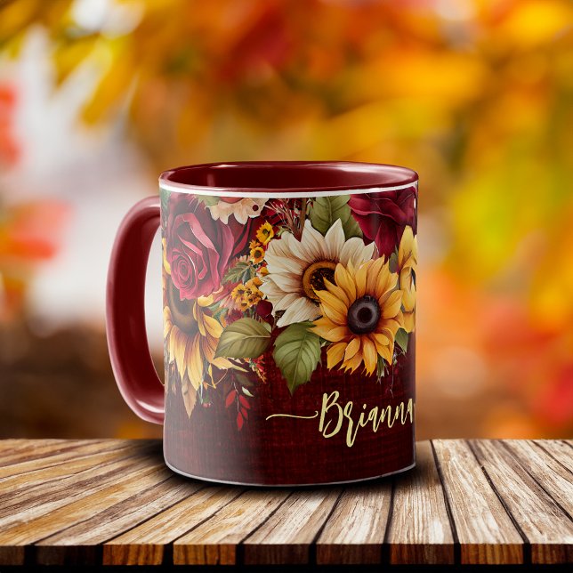 Caneca Fall outono temático burgundy rosas girassóis (Bridesmaid gifts Fall autumn themed burgundy roses sunflowers mug)