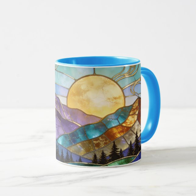 Caneca Falso Vitral de Montanha Amanhecer Floresta (Frente Esquerda)