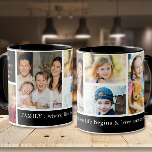 Caneca Família de 5 Fotos Preto Onde a Vida Começa Citaçã