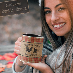 Caneca Família Farmhouse Vintage Red Xadrez Burlap 2 Ton