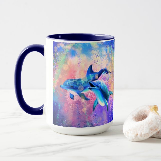 Caneca Família Feliz de Casal de golfinho - Pintura (Com Donut)