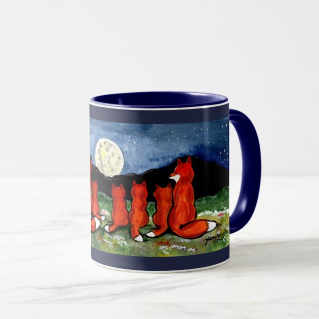 Caneca Família Fox Assistindo Design Azul Lua Escuro (Frente Esquerda)