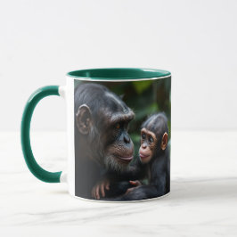 Caneca Famille chimpanzés : une maman singe et son bébé.