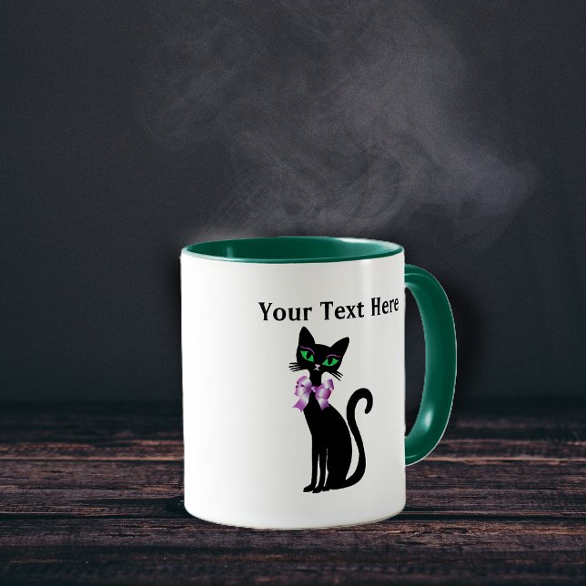 Caneca Fancy Pretty Black Cat Pink Bow Green Eyes (Fancy pretty black cat green eyes wearing big pink bow on coffee mug for cat lovers.)