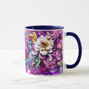 Caneca Fantasia de Flores Brancas de Jardim Branco, Azul-