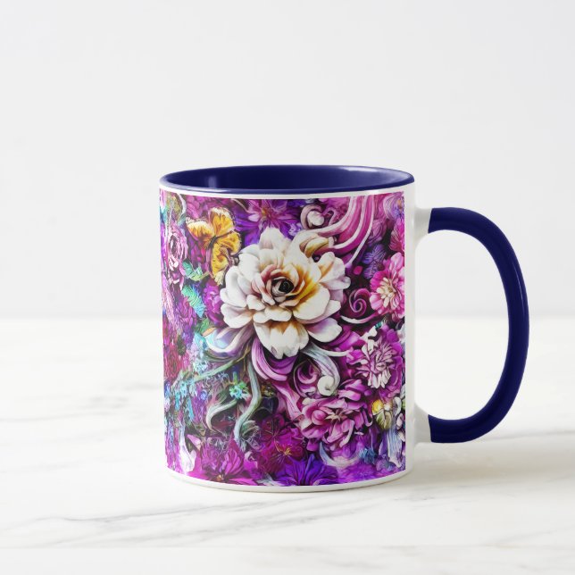 Caneca Fantasia de Flores Brancas de Jardim Branco, Azul- (Direita)
