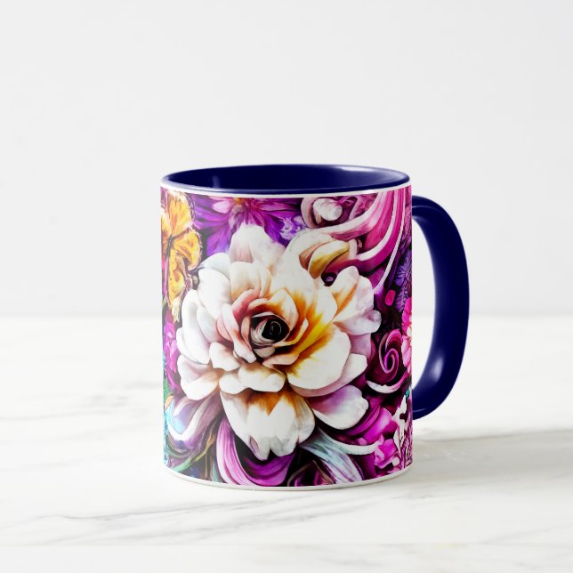 Caneca Fantasia de Flores Brancas de Jardim Branco, Azul- (Frente Esquerda)