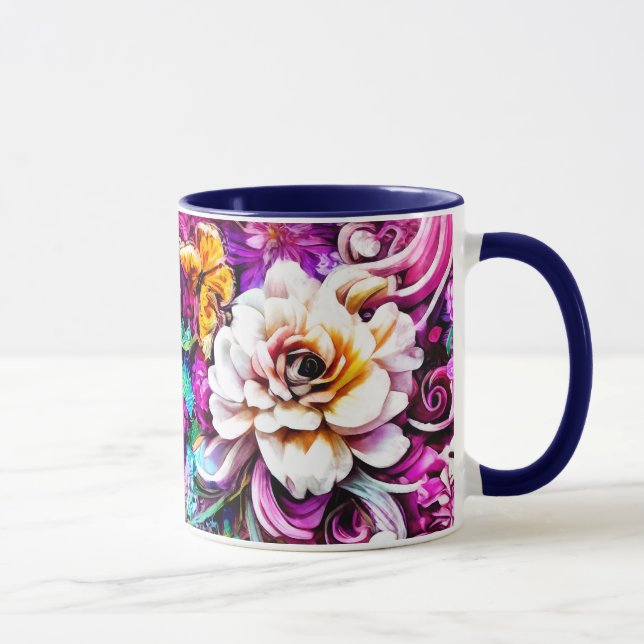 Caneca Fantasia de Flores Brancas de Jardim Branco, Azul- (Direita)