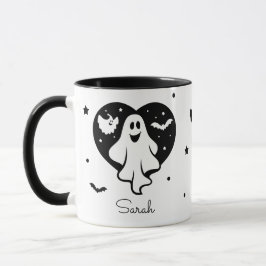 Caneca Fantasma Bonita Do Halloween Com Coração E Bat