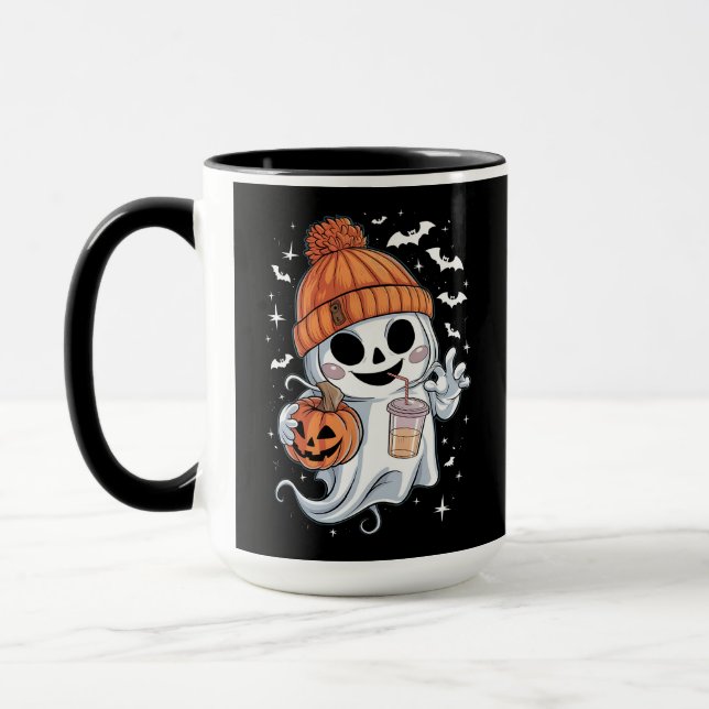 Caneca Fantasma Fofo Bebendo Café Halloween Café Gelado (Esquerda)