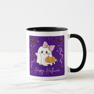 caneca fantasma fofo Happy Halloween roxa aquarela