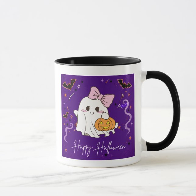 caneca fantasma fofo Happy Halloween roxa aquarela (Direita)