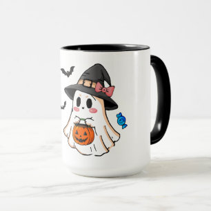 Caneca Fantasma Kawaii de Halloween Fofo com Chapéu de Br