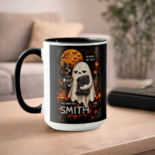 Caneca Fantasma Mal-Humorado Segurando Cachorro Pug Preto