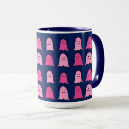 Caneca Fantasmas do Dia das Bruxas Rosa no Azul Escuro