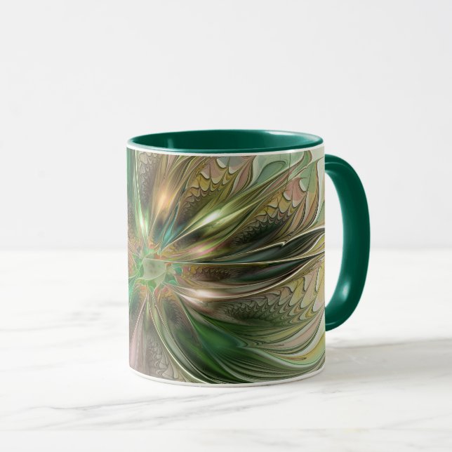 Caneca Fantasy Moderna Abstrato, Flor Fractal Colorida (Frente Esquerda)
