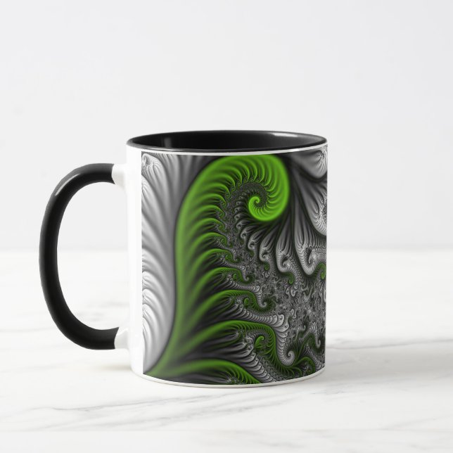 Caneca Fantasy Mundo Verde E Arte Fractal Cinza (Esquerda)
