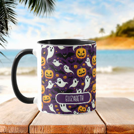 Caneca Farmhouse Halloween Bats Pumpkin Padrão Roxo