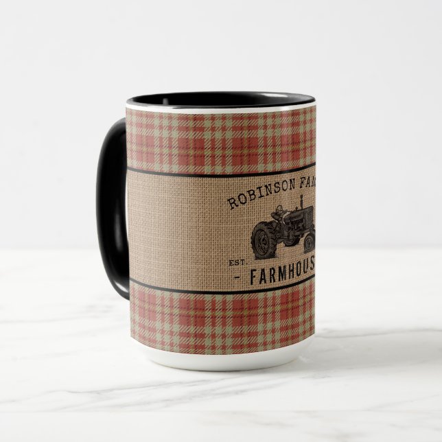Caneca Farmhouse Trator Red Xadrez Burlap Grande (Frente Esquerda)