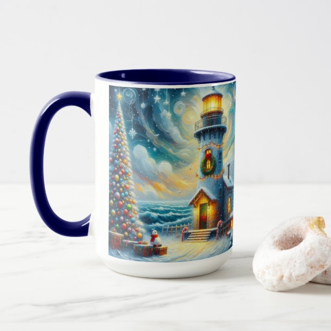 Caneca Farol de Árvore de Natal Azul Costeiro Náutico (Com Donut)