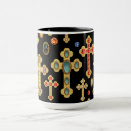 Caneca Faux Birthstone Croses and Loose Gems on Black