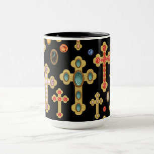 Caneca Faux Birthstone Croses and Loose Gems on Black