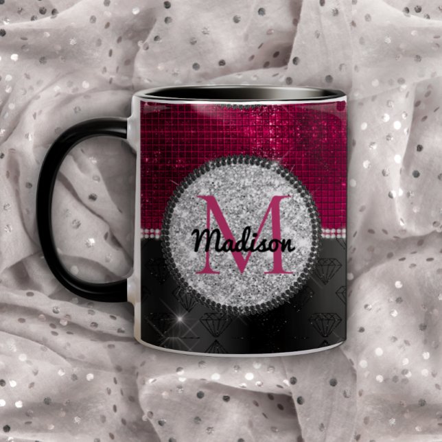 Caneca Faux Chic Silver Glitter Burgundy Monograma preto (Criador carregado)