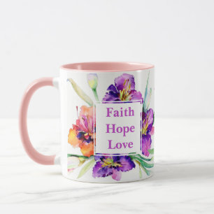Caneca Fé Esperança Amor com flores de aquarela monograma