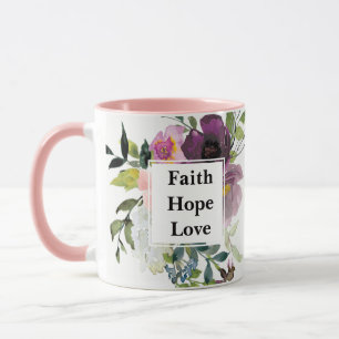 Caneca Fé Esperança Amor flores aquarela Monograma