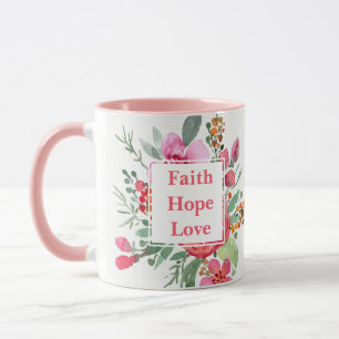 Caneca Fé Esperança Amor flores aquarela Monograma