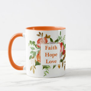 Caneca Fé Esperança Amor flores de aquarela laranja Monog