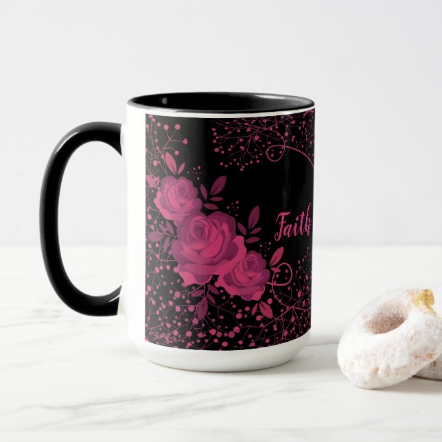Caneca Fé Sobre Medo, Rosas Rosa (Com Donut)