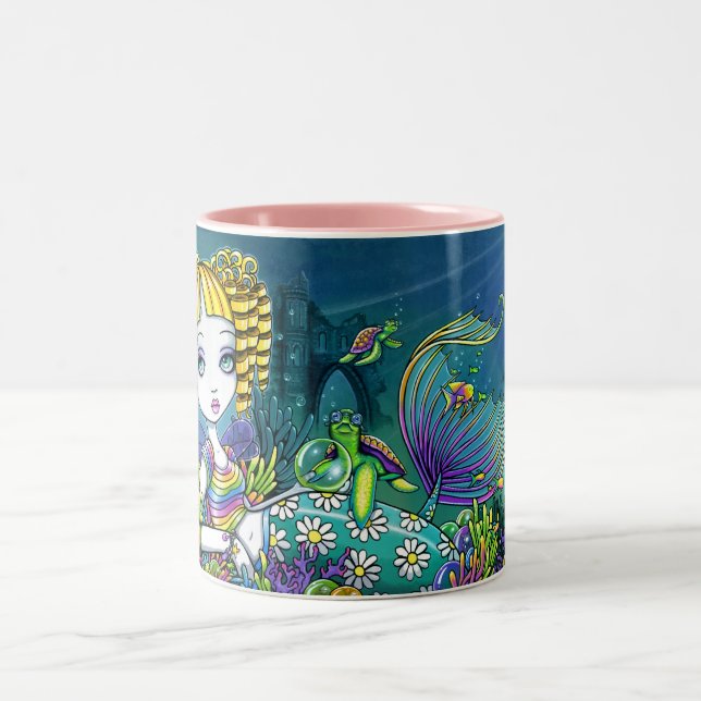 Caneca feericamente da arte da sereia do arco-íris (Centro)