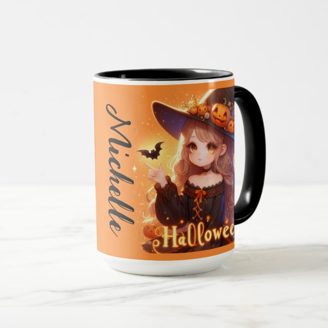 Caneca Feiticeira animada bonita com morcegos personaliza (Frente Esquerda)