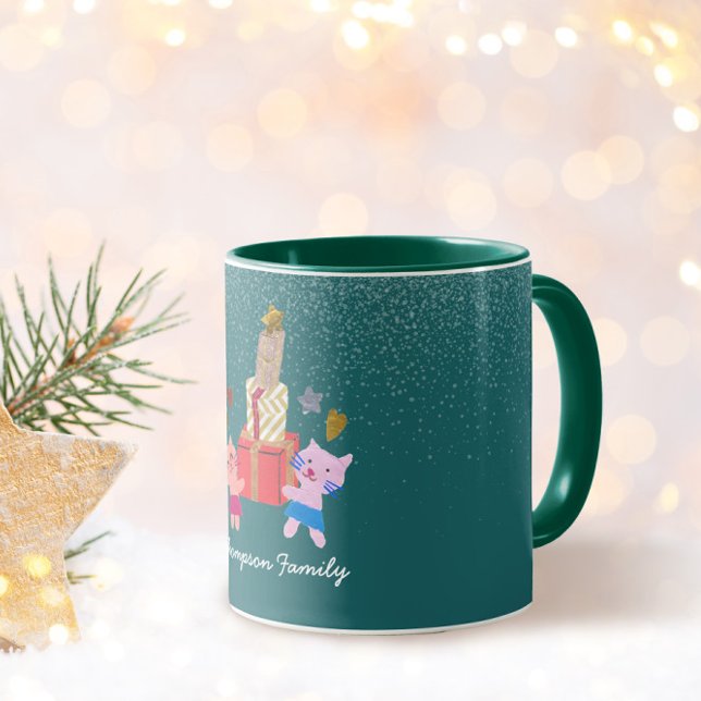 Caneca Felinos festivos e presentes Natal verde (Criador carregado)