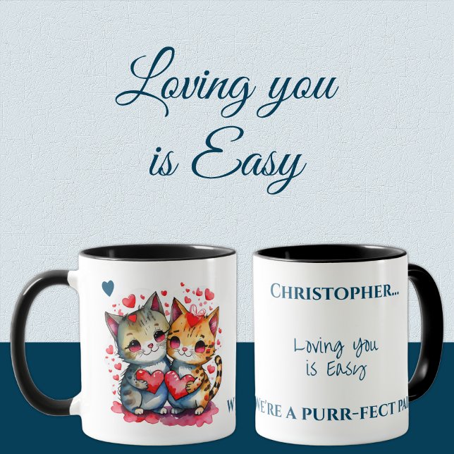 Caneca Felinos lindos te amando nome personalizado azul (Criador carregado)