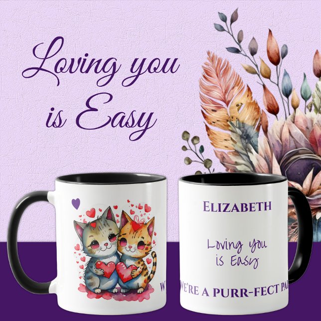 Caneca Felinos lindos te amando nome personalizado púrpur (Criador carregado)