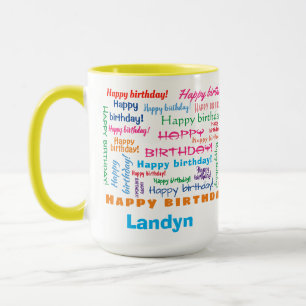 Caneca Feliz Aniversário Colorida Nuvem Brilhante e Brilh