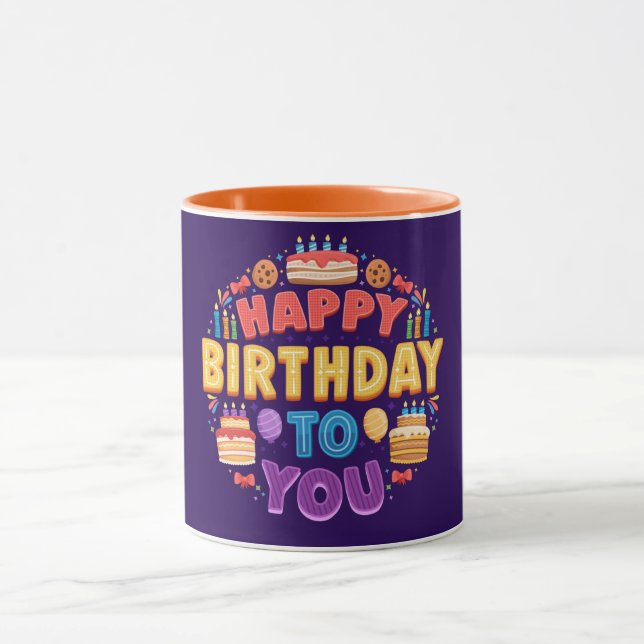 Caneca Feliz aniversário com Bolo e Vela  (Centro)