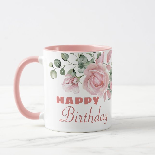 Caneca Feliz Aniversário com Flores Personalizadas  (Esquerda)