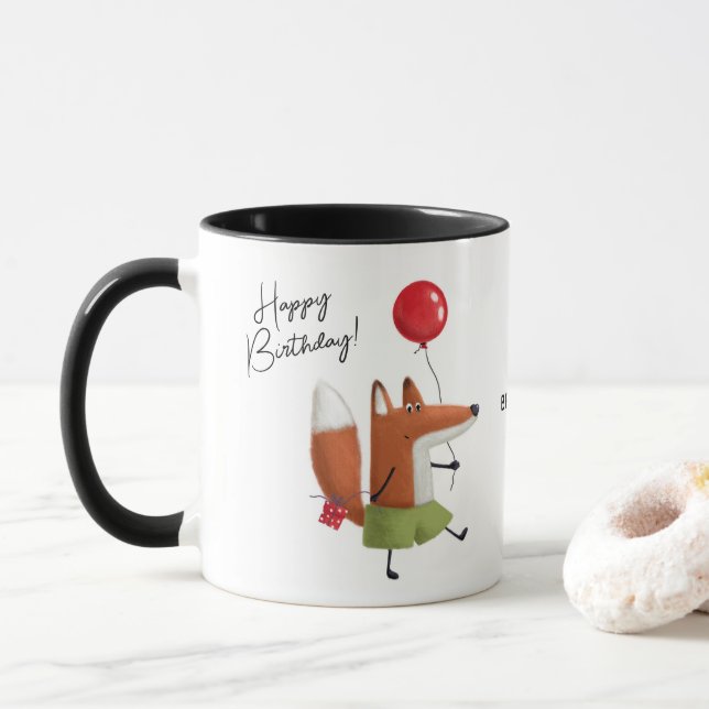 Caneca Feliz Aniversário, Cute Balloon Fox Nome Personali (Com Donut)
