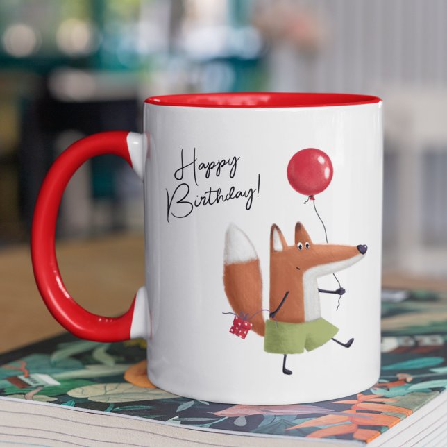 Caneca Feliz Aniversário, Cute Balloon Fox Nome Personali (Criador carregado)