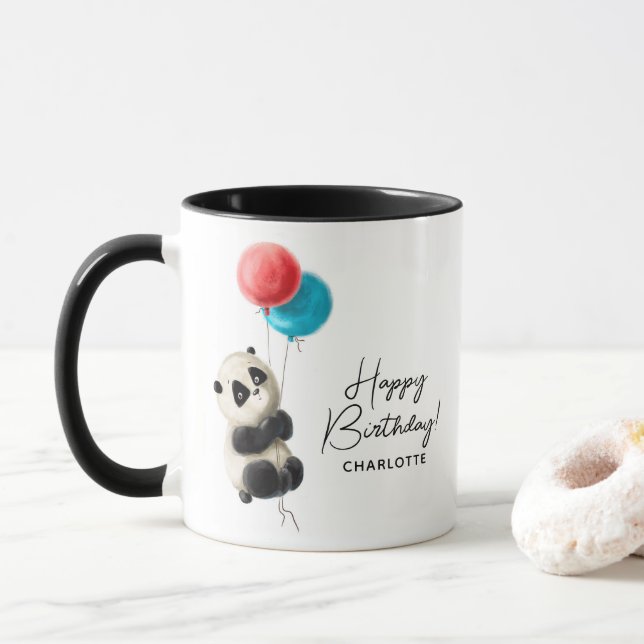 Caneca Feliz Aniversário Cute Panda Nome Personalizado (Com Donut)