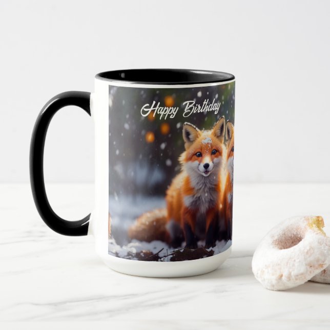 Caneca Feliz Aniversário De Raposas De Mug Na Floresta De (Com Donut)