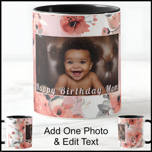 Caneca Feliz Aniversário Mãe Foto Floral Rosa Fofo 009
