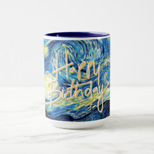 Caneca Feliz Aniversário, Noite Estrelada arte fina,