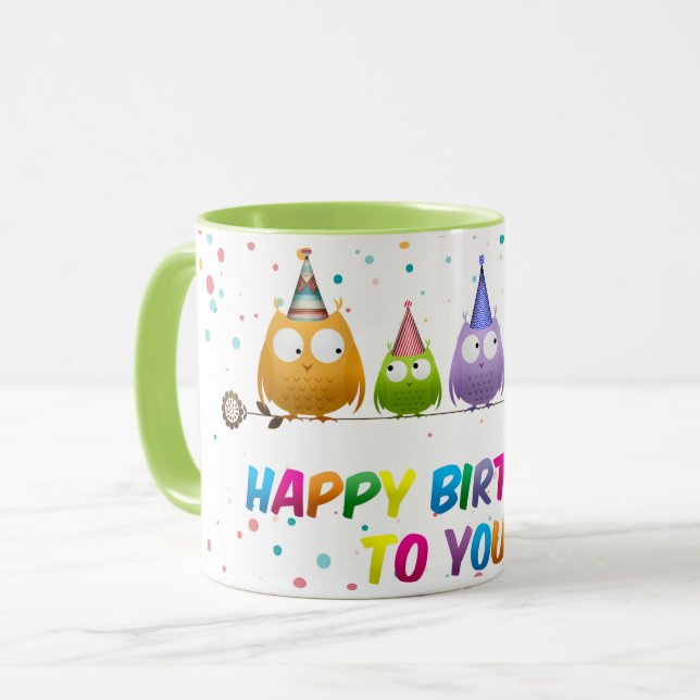Caneca Feliz Aniversário para Você, Coruja, (Frente Esquerda)
