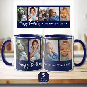 Caneca Feliz Aniversário Personalizado Azul de 5 Fotograf
