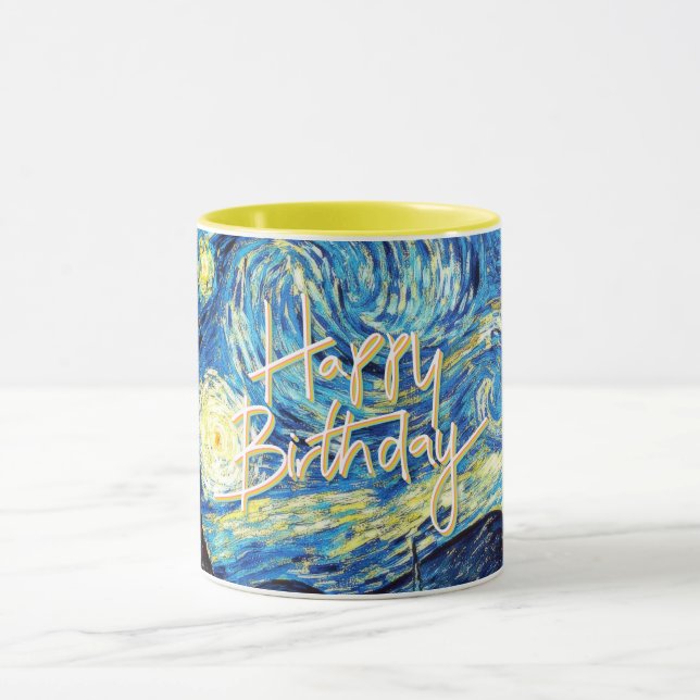Caneca Feliz aniversário, Starry Night, belas artes. (Centro)