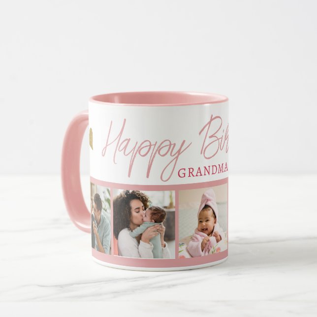 Caneca Feliz Aniversário Vovó 5 Foto Colagem Rosa (Frente Esquerda)